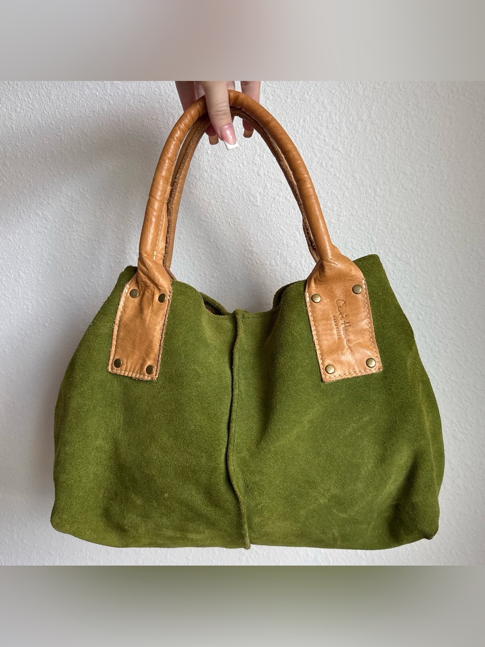 Ceri Hoover Nashville Olive Green Suede Tote with Tan Leather Handles